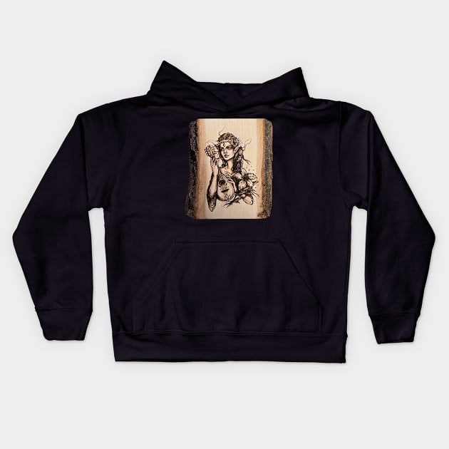 Elf bard - pyrography print - wood texture Kids Hoodie by BTW-byMargo